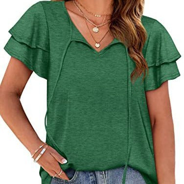 Damen lässiges V-Ausschnitt T-Shirt mit verspielten Rüschendetails und verstellbarem Kordelzug Heidi-Mode