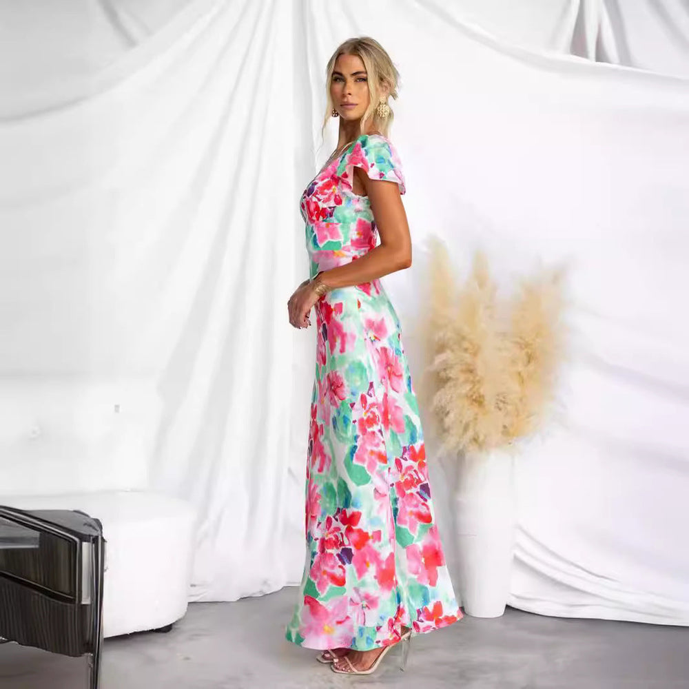 Heidi-Mode | Frühling Sommer Blumen Frisch Süß V-Ausschnitt Lotus Blatt Ärmel Mittel-Lang Kleid