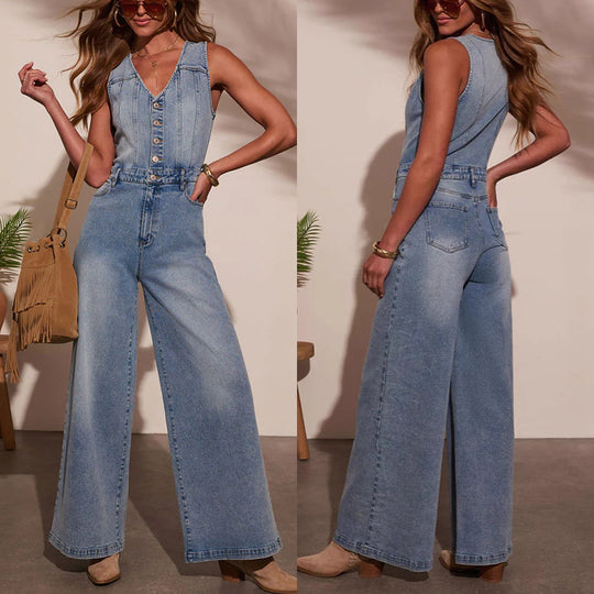 Damen Weitgeschnittene Denim-Latzhose mit Knopfdetails und regulierbarem Bund Heidi-Mode