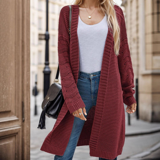 Damen Langer Strickcardigan mit luftiger Maschenstruktur und offener Front Heidi-Mode