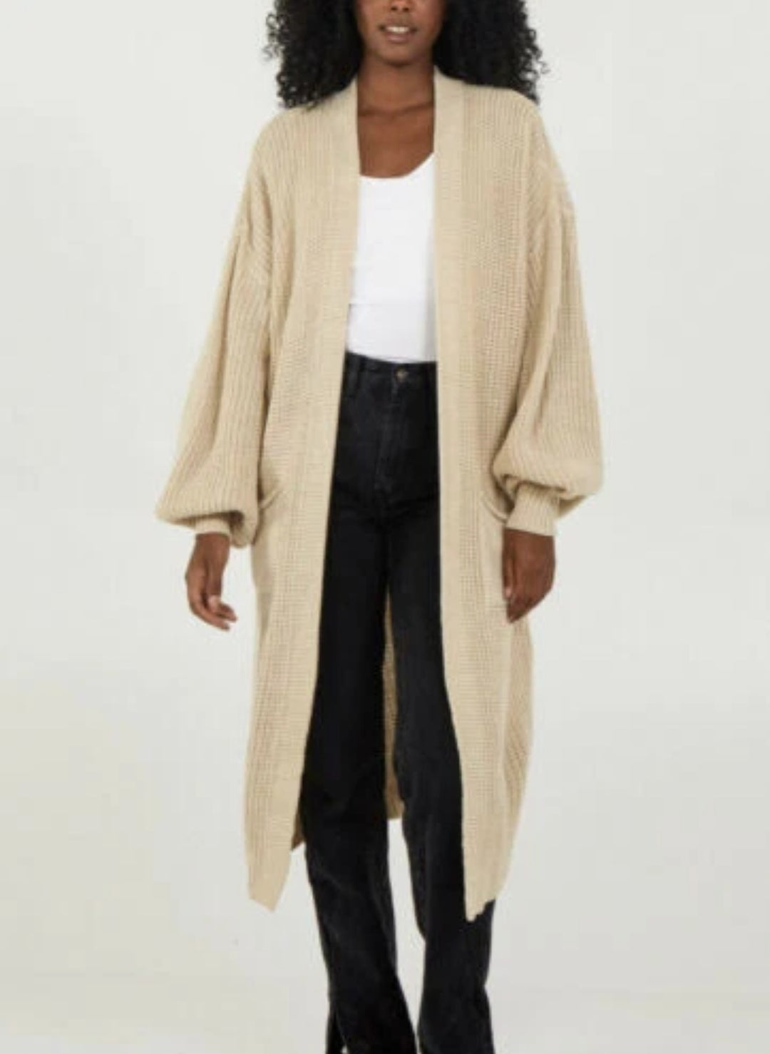Damen Langer Strickcardigan mit voluminösen Ärmeln und offenem Schnitt Heidi-Mode
