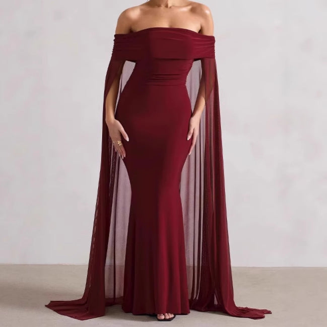 Damen Elegantes Off-Shoulder Abendkleid mit fließendem Transparenz-Cape und figurumspielendem Schnitt Heidi-Mode