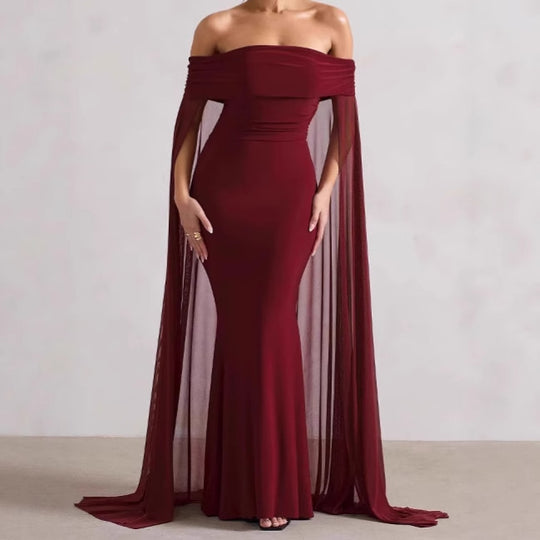 Damen Elegantes Off-Shoulder Abendkleid mit fließendem Transparenz-Cape und figurumspielendem Schnitt Heidi-Mode