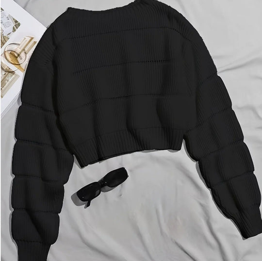 Damen Trendiger Strickpullover mit strukturierter Rippoptik und verkürztem Schnitt Heidi-Mode