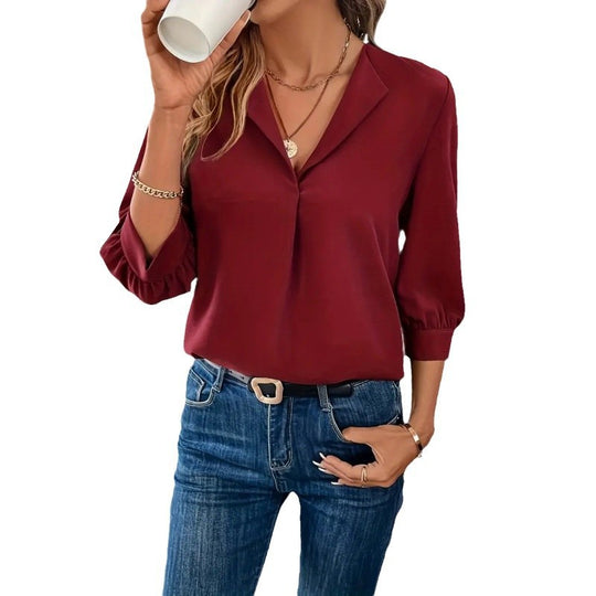 Damen Elegante Viskosebluse mit 3/4-Ärmeln und V-Ausschnitt Heidi-Mode