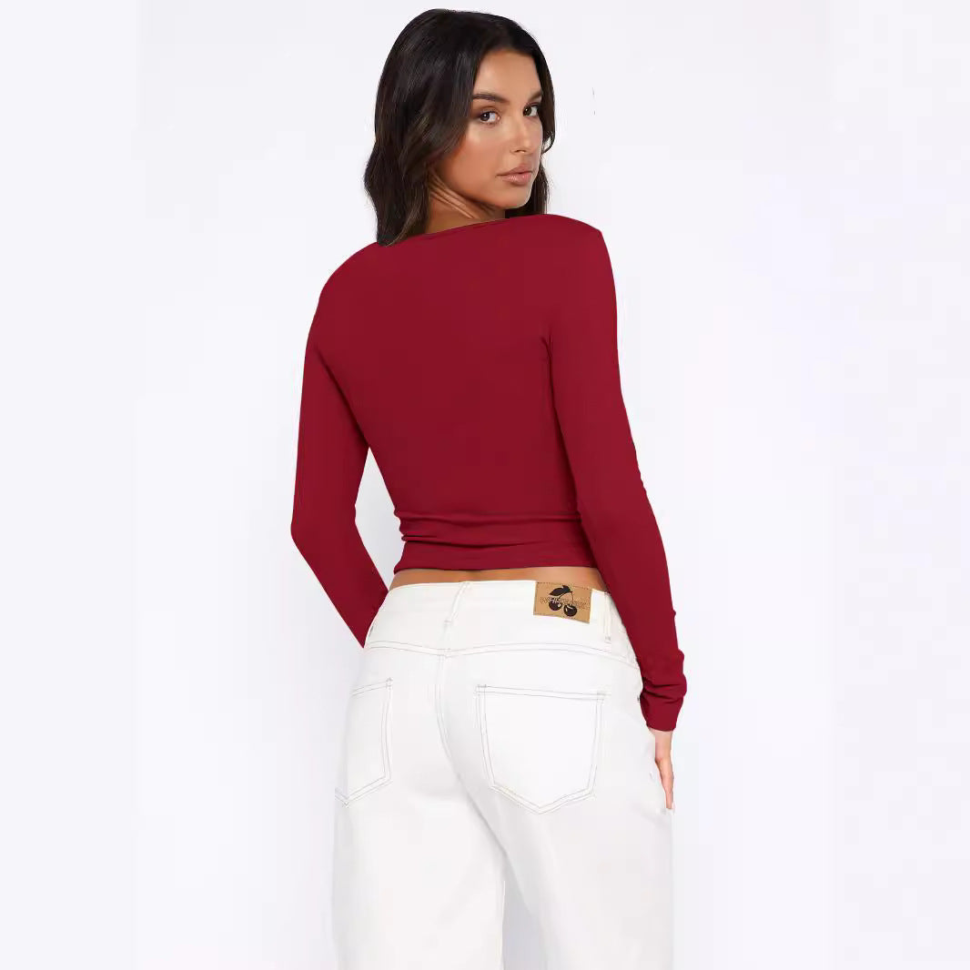 Damen figurbetontes Langarmshirt mit Knopfleiste Heidi-Mode