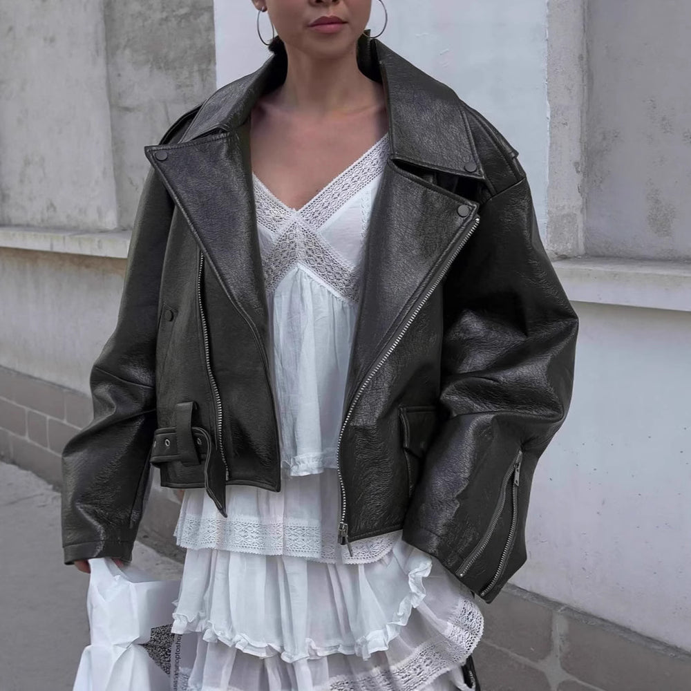 Damen Oversized Kunstlederjacke mit asymmetrischem Reißverschluss Heidi-Mode