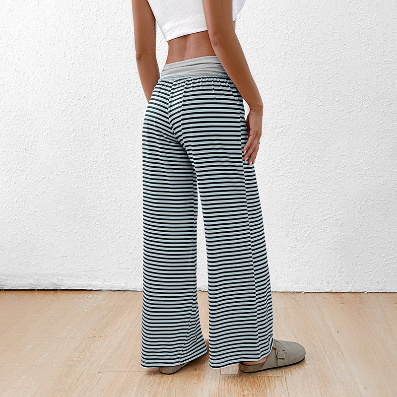 Damen weite gestreifte Freizeithose mit hohem Bund und elastischem Taillenbund Heidi-Mode