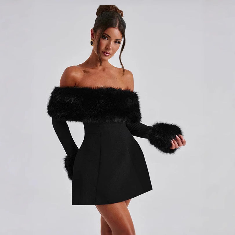 Damen Off-Shoulder Cocktailkleid mit eleganten Flauschesäumen Heidi-Mode