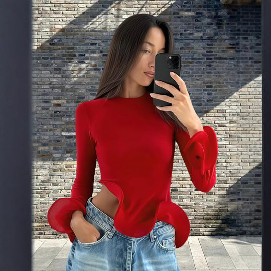 Damen Trendy Oberteil mit asymmetrischen Rüschendetails und elegantes Design Heidi-Mode