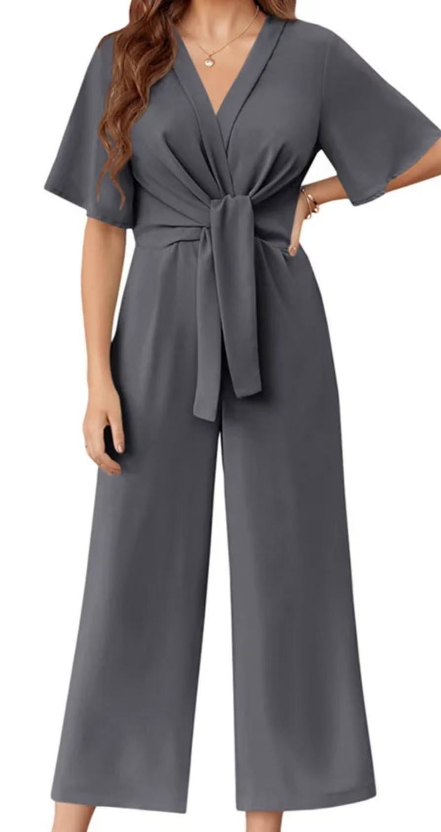 Damen eleganter Wickel-Jumpsuit mit weiten Beinen und Taillengürtel Heidi-Mode