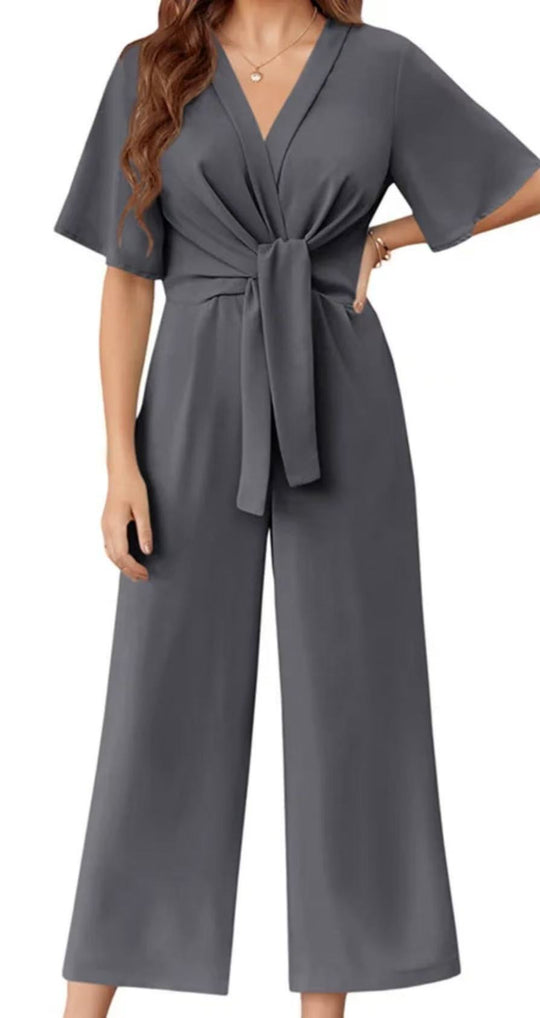 Damen eleganter Wickel-Jumpsuit mit weiten Beinen und Taillengürtel Heidi-Mode