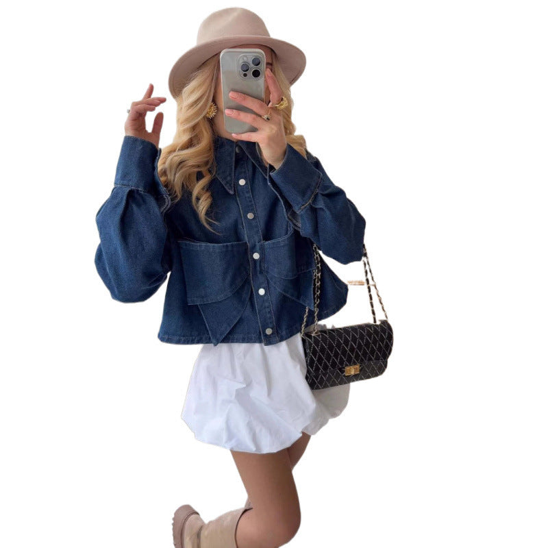 Damen stylische cropped Denimjacke mit praktischen Taschen Heidi-Mode