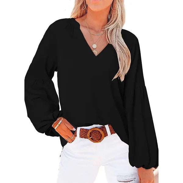 Damen Bluse mit weitem Ballonärmel und elegantem V-Ausschnitt Heidi-Mode