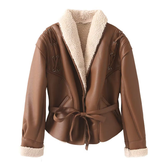 Damen Kunstlederjacke mit warmem Teddyfutter und eleganten Schnürdetails Heidi-Mode