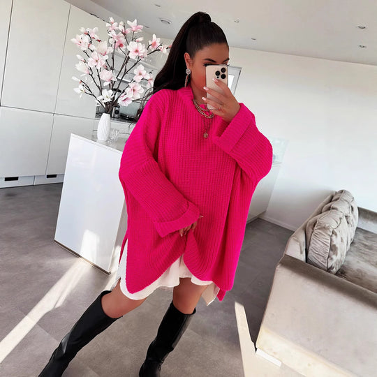Damen grob gestrickter Oversize-Pullover mit V-Ausschnitt und lässigem Schnitt Heidi-Mode