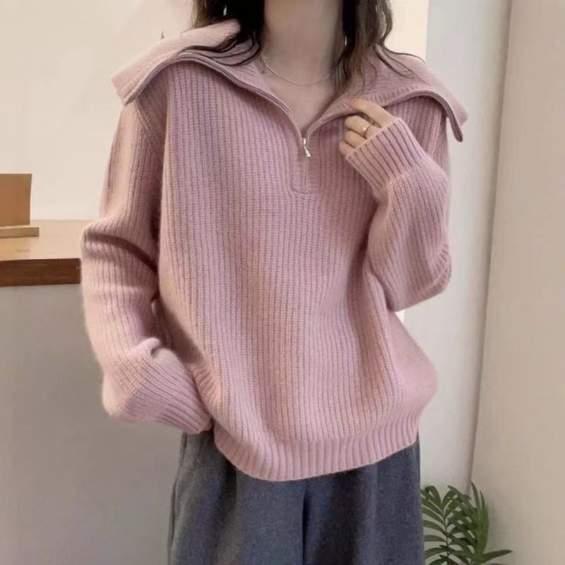 Damen Leichter Strickpullover mit hohem Kragen und Reißverschluss Heidi-Mode