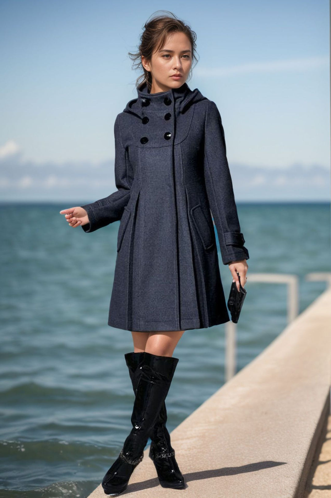 Damen eleganter Wollmantel mit modernem Kragen und praktischen Taschen Heidi-Mode