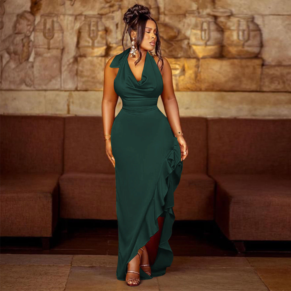 Damen Satin Abendkleid mit tiefem V-Ausschnitt und asymmetrischem Volant Heidi-Mode