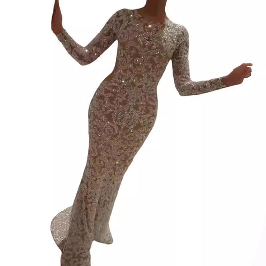 Damen Glamouröses Hochzeitskleid mit funkelnden Pailletten und langen Ärmeln Heidi-Mode