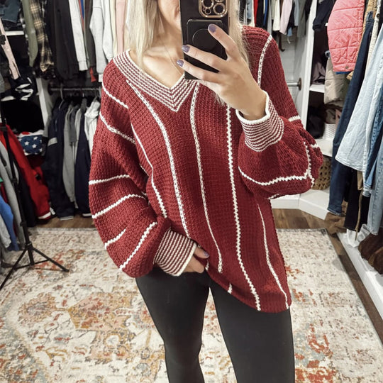 Damen lässiger V-Ausschnitt Pullover mit Streifenmuster Heidi-Mode