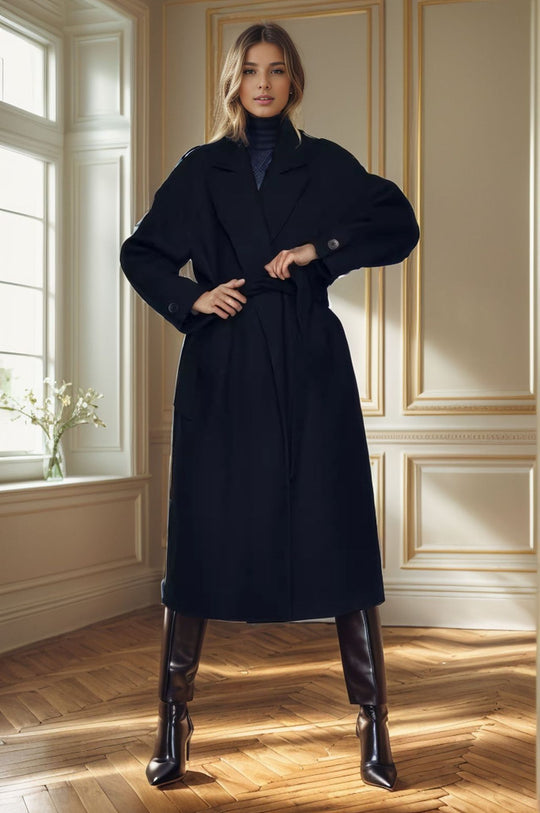 Damen eleganter langer Mantel mit breitem Revers und Gürtel Heidi-Mode