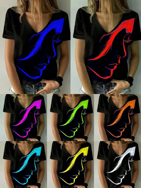 Damen V-Ausschnitt T-Shirt mit kreativem Grafikdruck Heidi-Mode