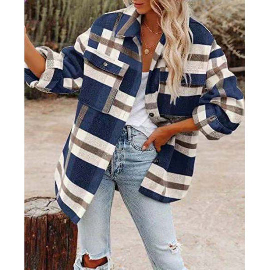 Damen Karobluse mit oversized Schnitt und Taschen Heidi-Mode