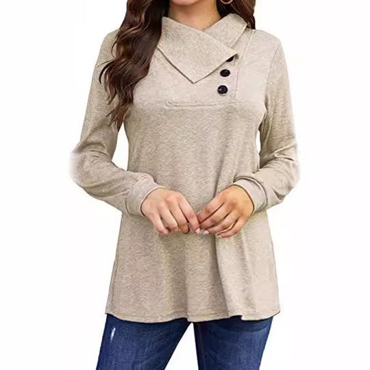 Damen asymmetrisches Sweatshirt mit hohem Kragen und praktischen Knopfdétails Heidi-Mode