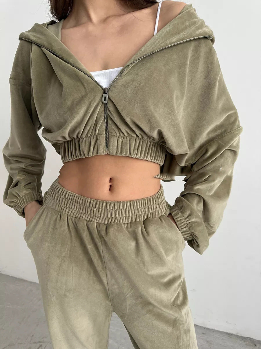 Damen Sportliche Velours-Jacke mit modernem Reißverschluss und elastischem Bund Heidi-Mode