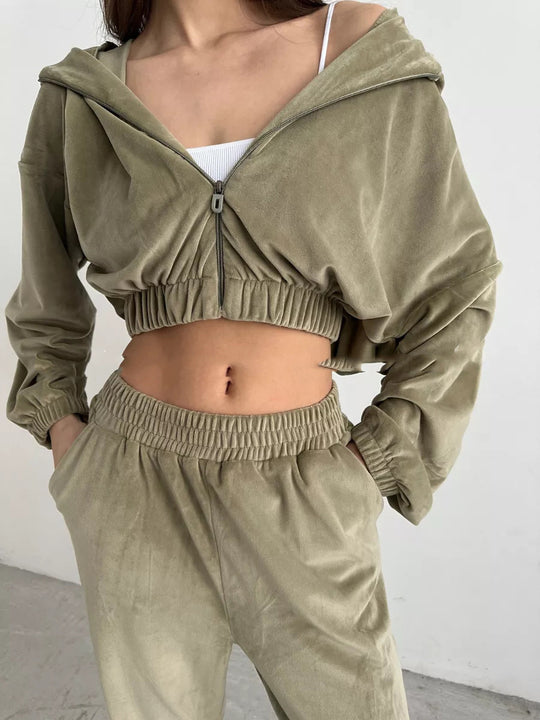 Damen Sportliche Velours-Jacke mit modernem Reißverschluss und elastischem Bund Heidi-Mode