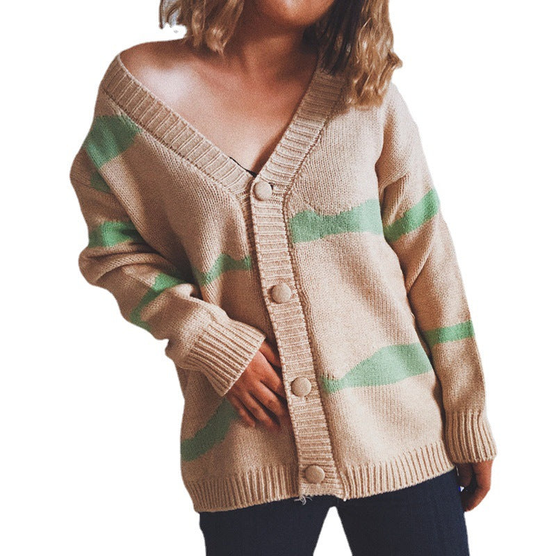 Damen gestreifte Strickjacke mit Knopfverschluss und weitem Schnitt Heidi-Mode