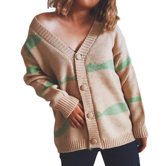 Damen gestreifte Strickjacke mit Knopfverschluss und weitem Schnitt Heidi-Mode