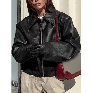 Damen Kunstlederjacke mit Oversized-Schnitt und klassischem Kragen Heidi-Mode