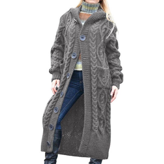 Damen Langer Strickmantel mit Kapuze und klassischem Zopfdesign Heidi-Mode