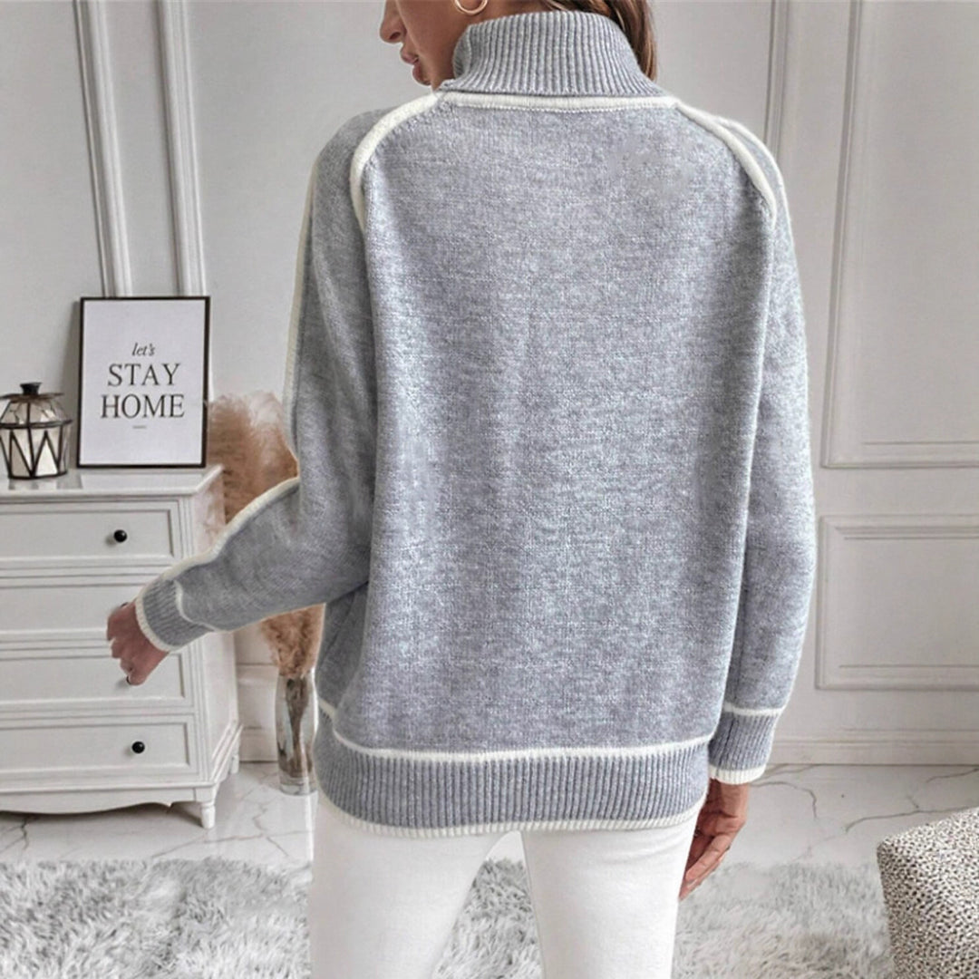 Damen eleganter Rollkragenpullover mit strukturierter Strickoberfläche und farblich abgesetzten Akzenten Heidi-Mode