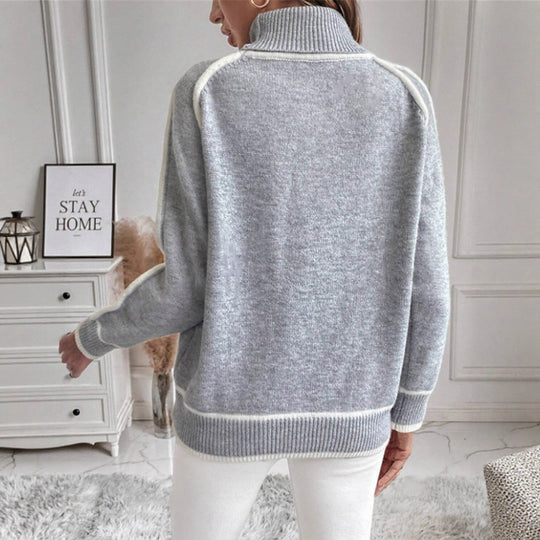 Damen eleganter Rollkragenpullover mit strukturierter Strickoberfläche und farblich abgesetzten Akzenten Heidi-Mode