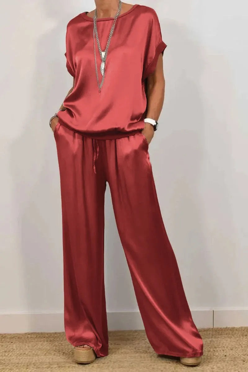 Damen Elegantes Satin Lounge-Set mit weitem Schnitt und lässigem Oberteil Heidi-Mode