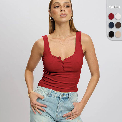 Damen körperbetontes Ripp-Top mit Knopfleiste und weitem Ausschnitt Heidi-Mode