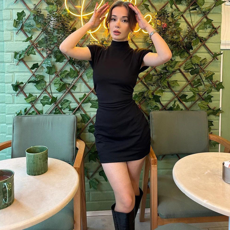 Damen Figurbetontes Kurzarmkleid mit Stehkragen und Raffung Heidi-Mode