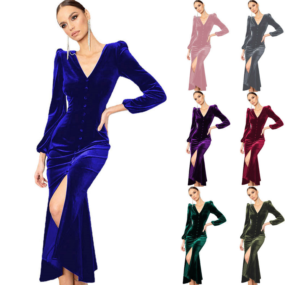 Damen Elegantes Samtkleid mit V-Ausschnitt und Puffärmeln Heidi-Mode