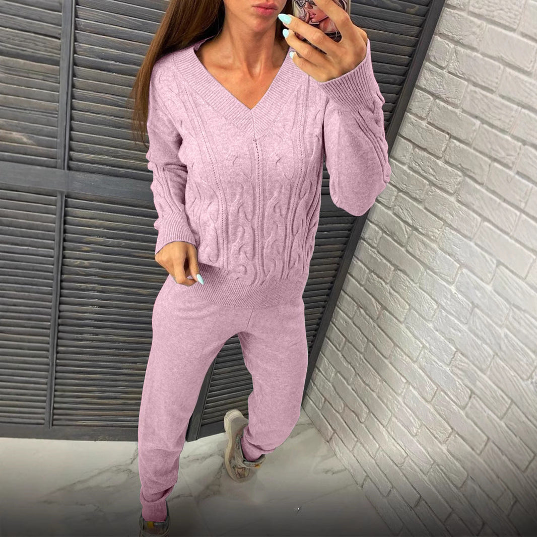 Damen Strickpullover und Jogginghose Set mit Zopfmuster Heidi-Mode