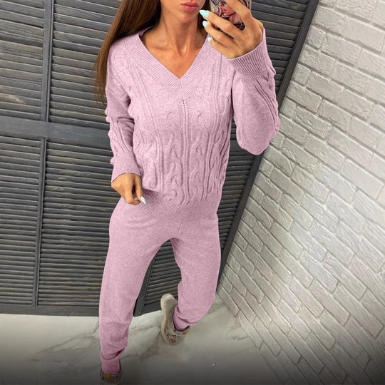 Damen Strickpullover und Jogginghose Set mit Zopfmuster Heidi-Mode