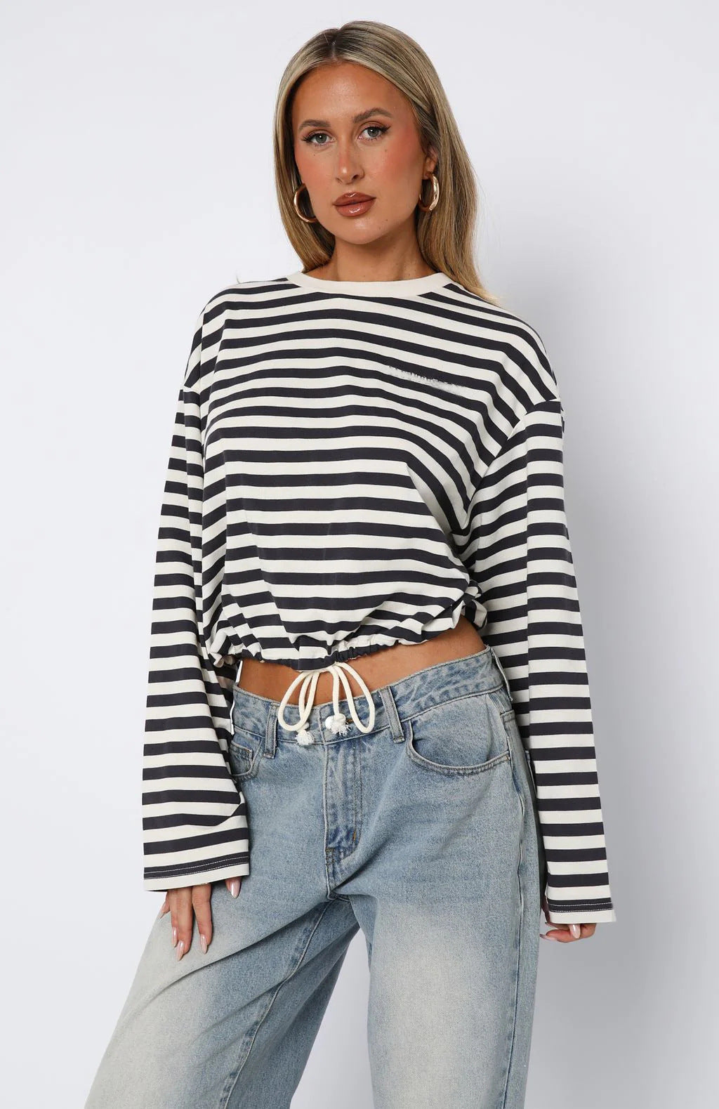 Damen lässiger gestreifter Crop-Pullover mit Kordelzug Heidi-Mode