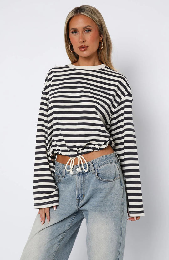 Damen lässiger gestreifter Crop-Pullover mit Kordelzug Heidi-Mode