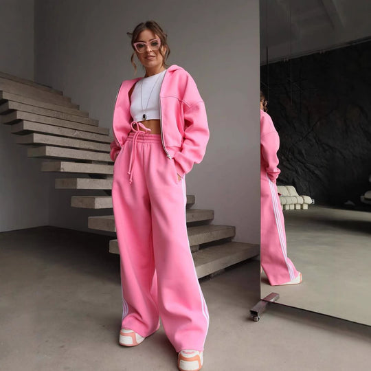 Damen Trendiges Sport-Lounge-Set mit cropped Sweatjacke und weit geschnittenen Jogginghosen Heidi-Mode