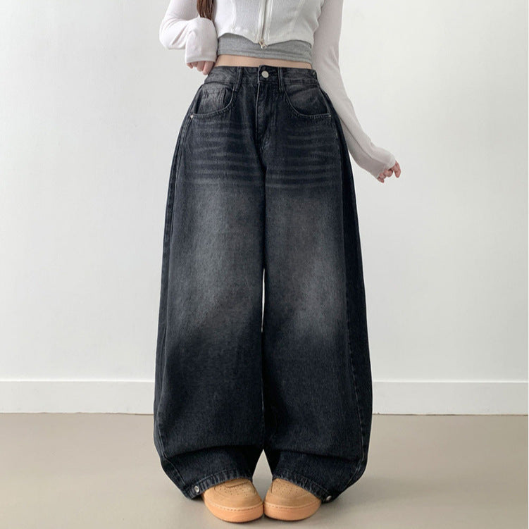 Damen Weite High-Waist Denim-Hose mit Faltenwurf Heidi-Mode