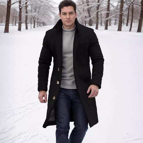 Herren eleganter Wollmantel mit schmalem Schnitt und goldenen Knöpfen Heidi-Mode