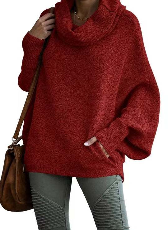 Damen lässiger Strickpullover mit weichem Stehkragen und weit geschnittenen Ärmeln Heidi-Mode