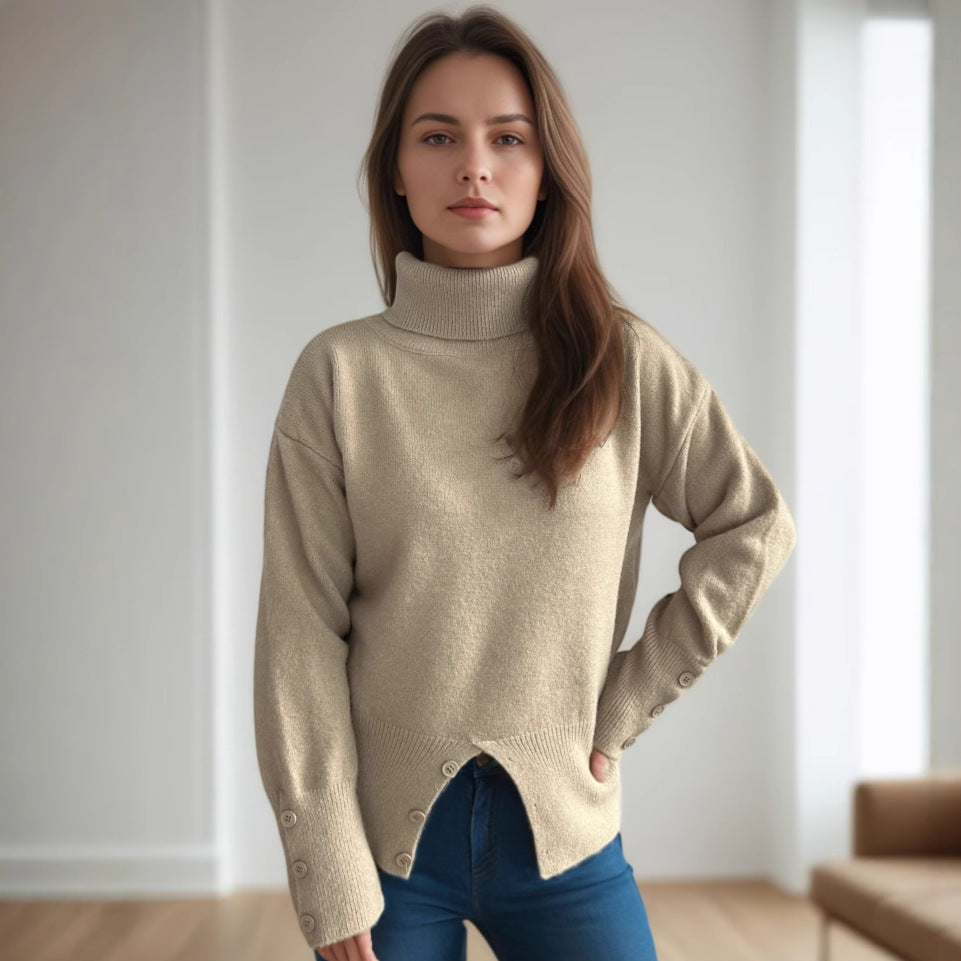Damen modischer Rollkragenpullover mit Knopfdetails und asymmetrischem Saum Heidi-Mode